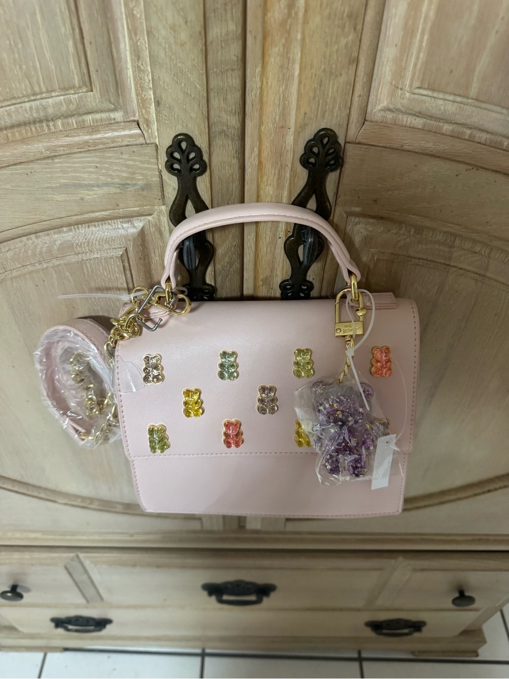 Betsey Johnson Pale Pink Top-Handle Satchel with Multicolor Gummy Charms
